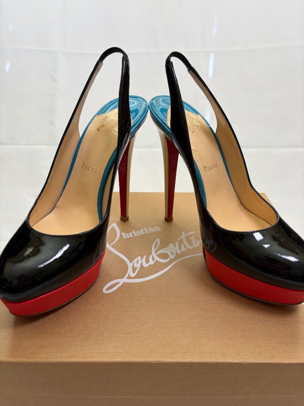 Christian Louboutin Bianca Sling 140 Patent in Black/Corail Sz 38